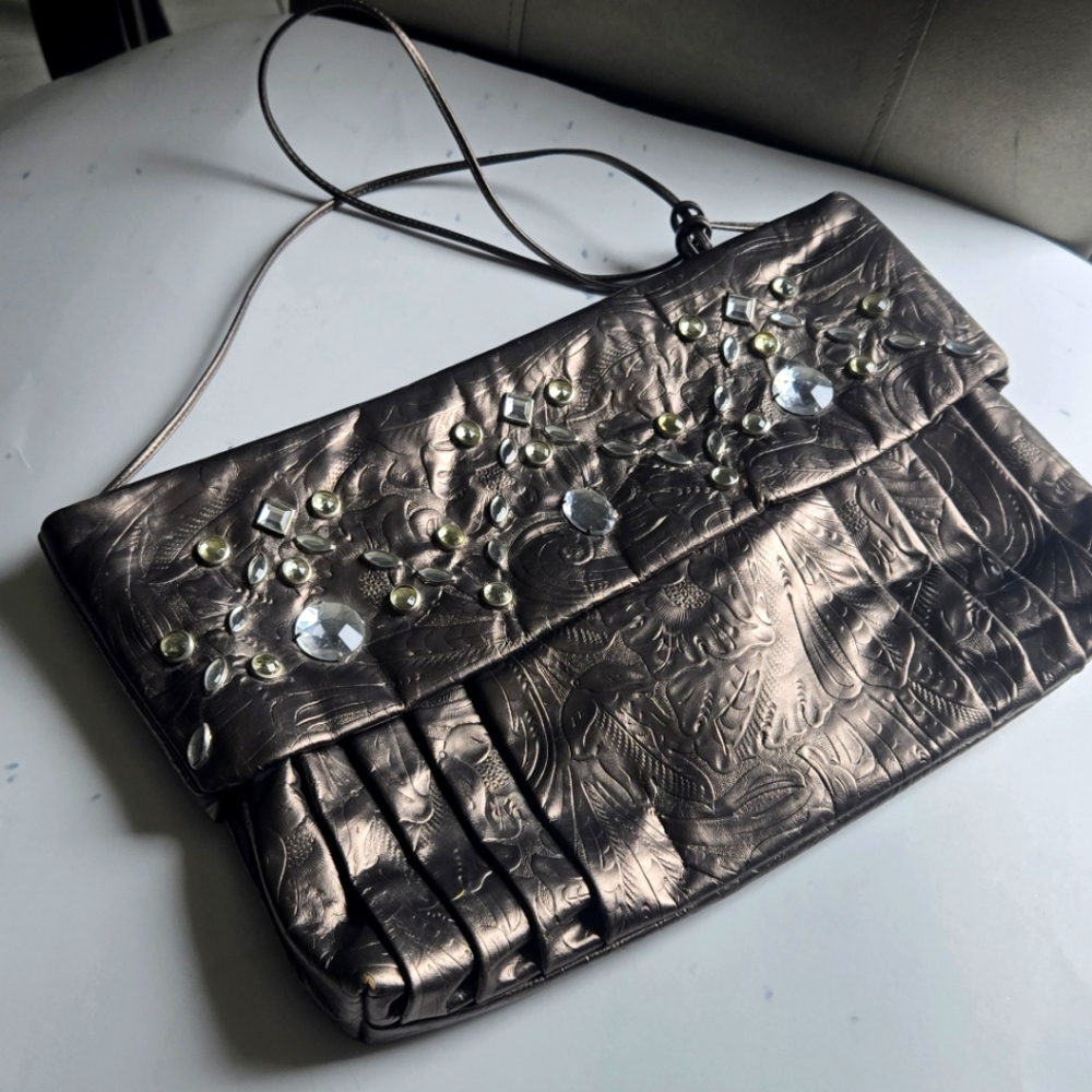Vintage 1980's metallic Leather Cynthia Matthews Studded Shoulder bag Or Clutch